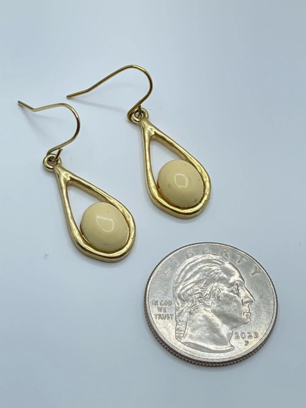 Gold Tone Teardrop Faux Pearl Dangle Earrings Minimalist Classic